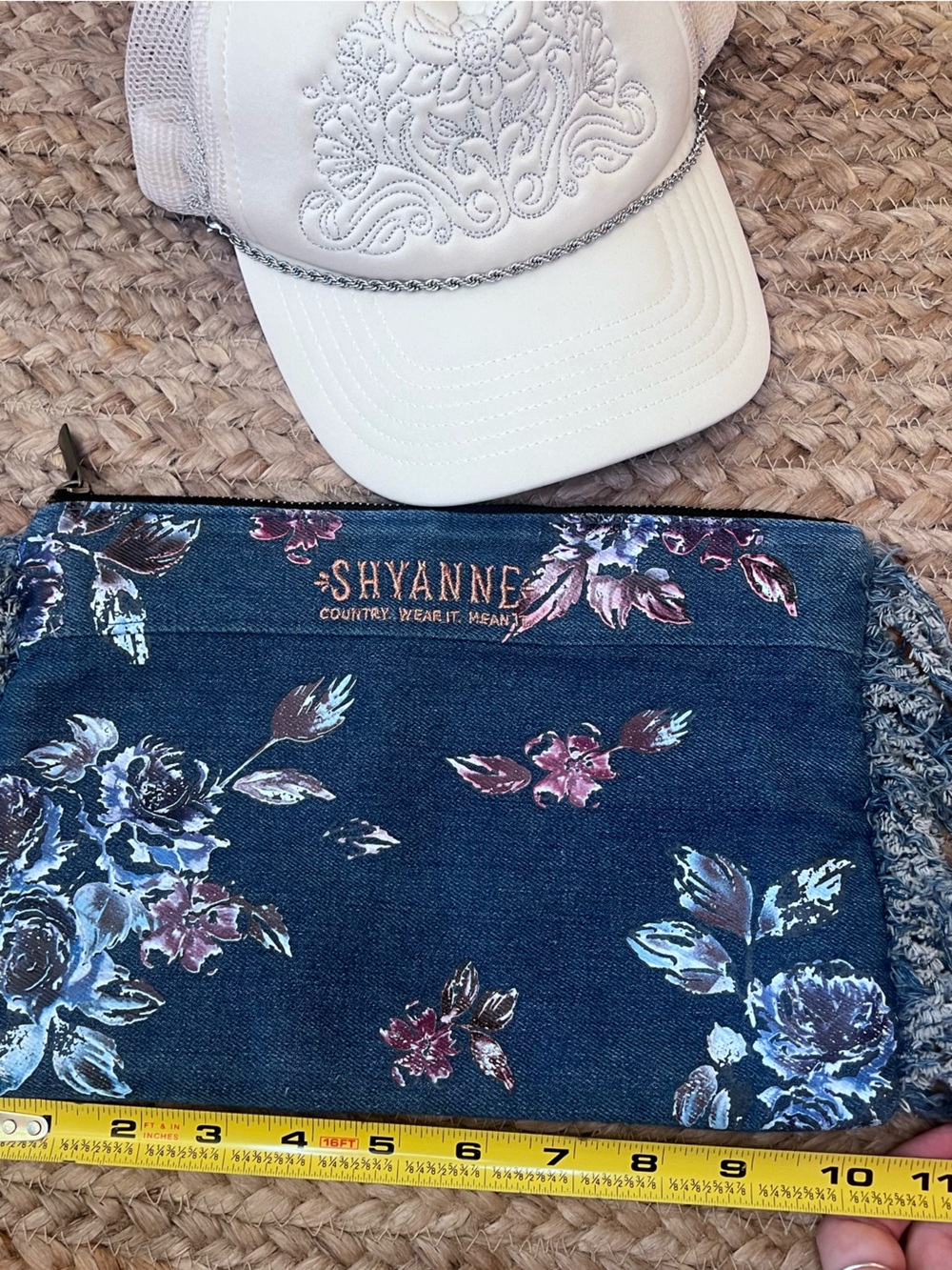 Shyanne cream hat Blue Floral Denim Clutch with Fringe purse - Picture 3 of 7